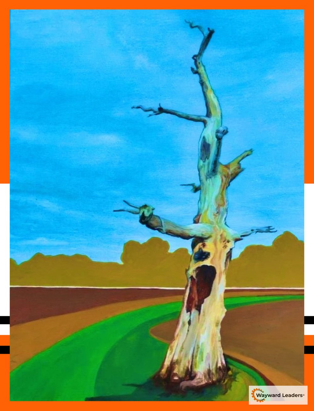 Wayward, a painting of a bare tree standing alone in a ploughed field beside a curving green track, by Richard Booth.